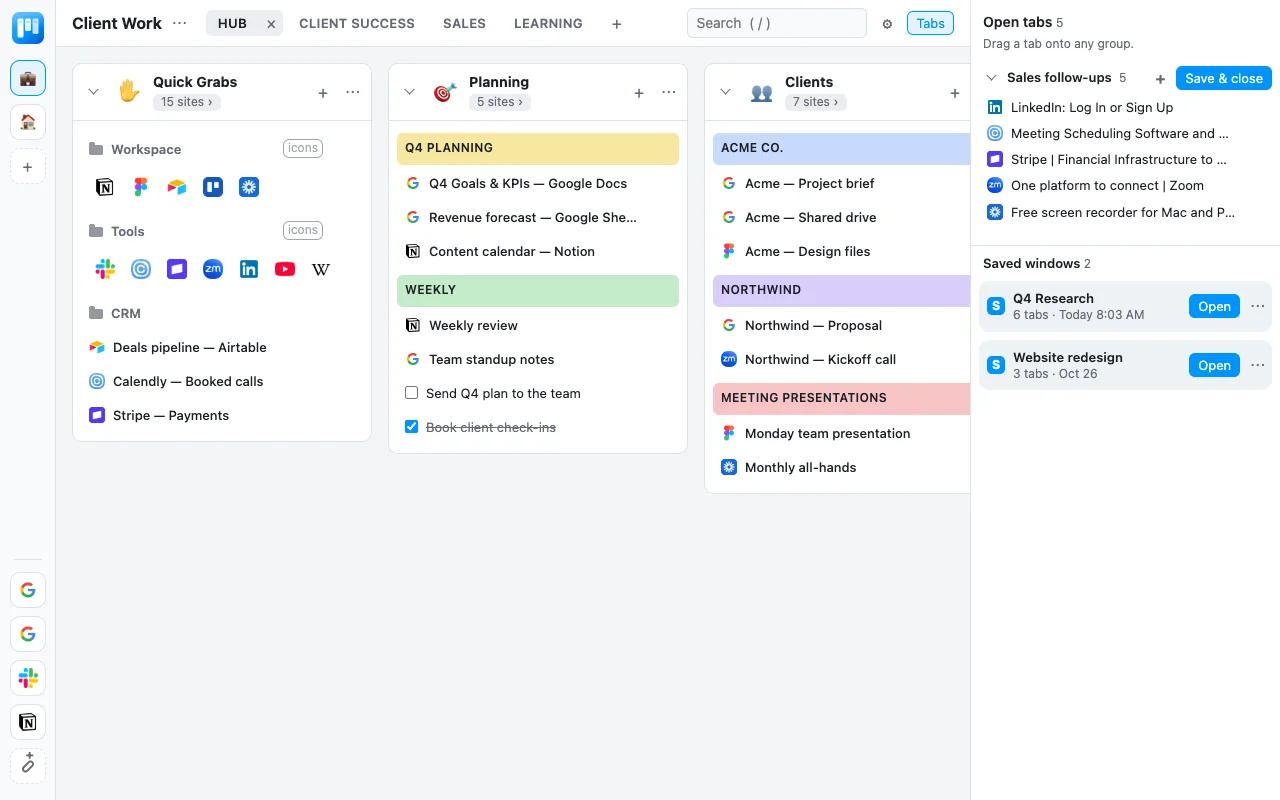 Tab Board in light mode, showing the same board of columns and the open-tabs sidebar.