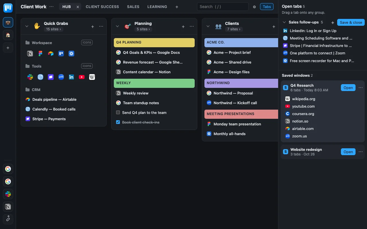 The open-tabs sidebar with a named window and two saved windows, one expanded to show its tabs.
